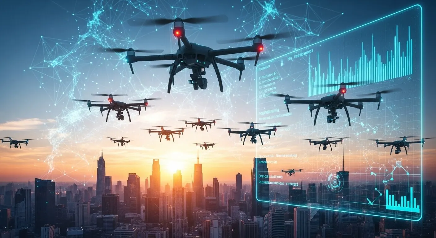 Autonomous AI drone swarm flying in formation above a futuristic city with AI data overlay and flight path visualization