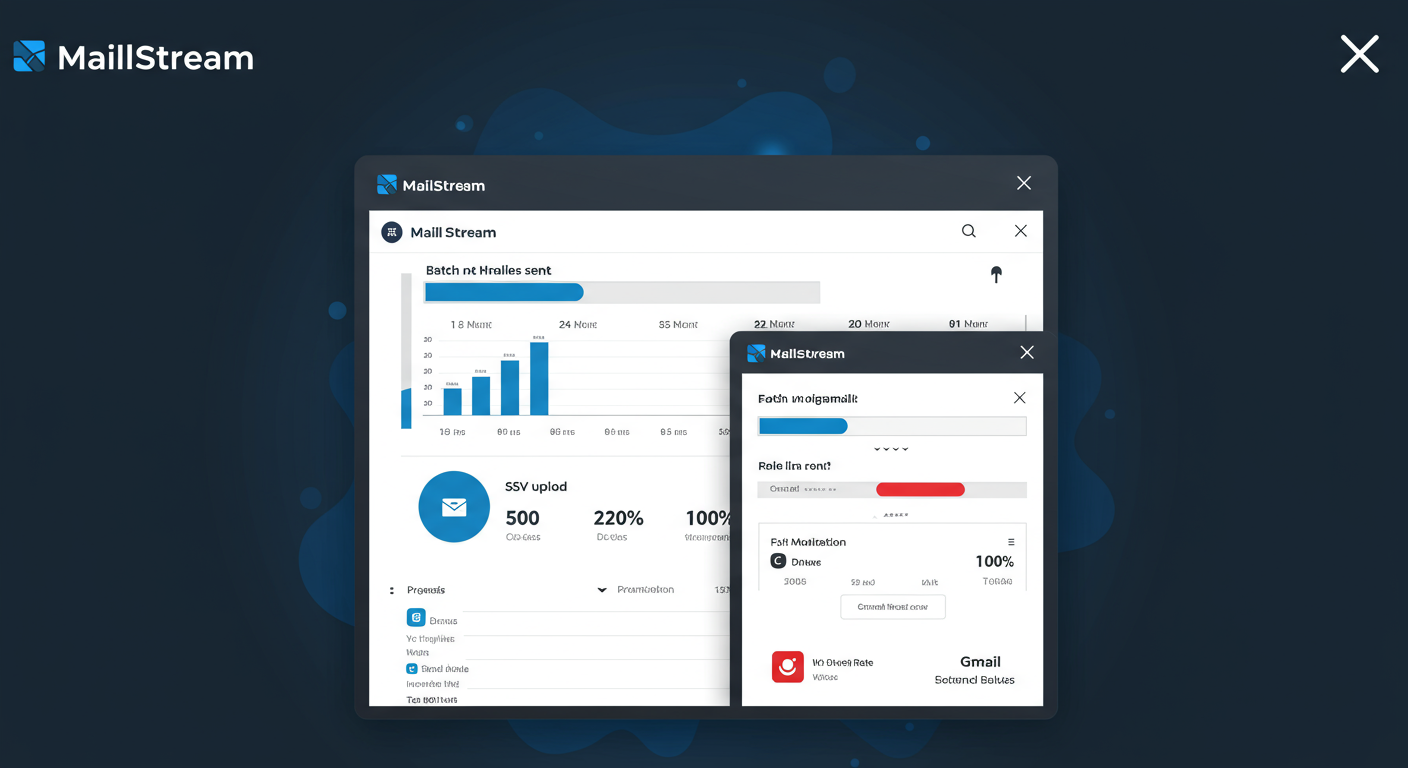 MailStream dashboard showing batch email sending and download features with real-time statistics